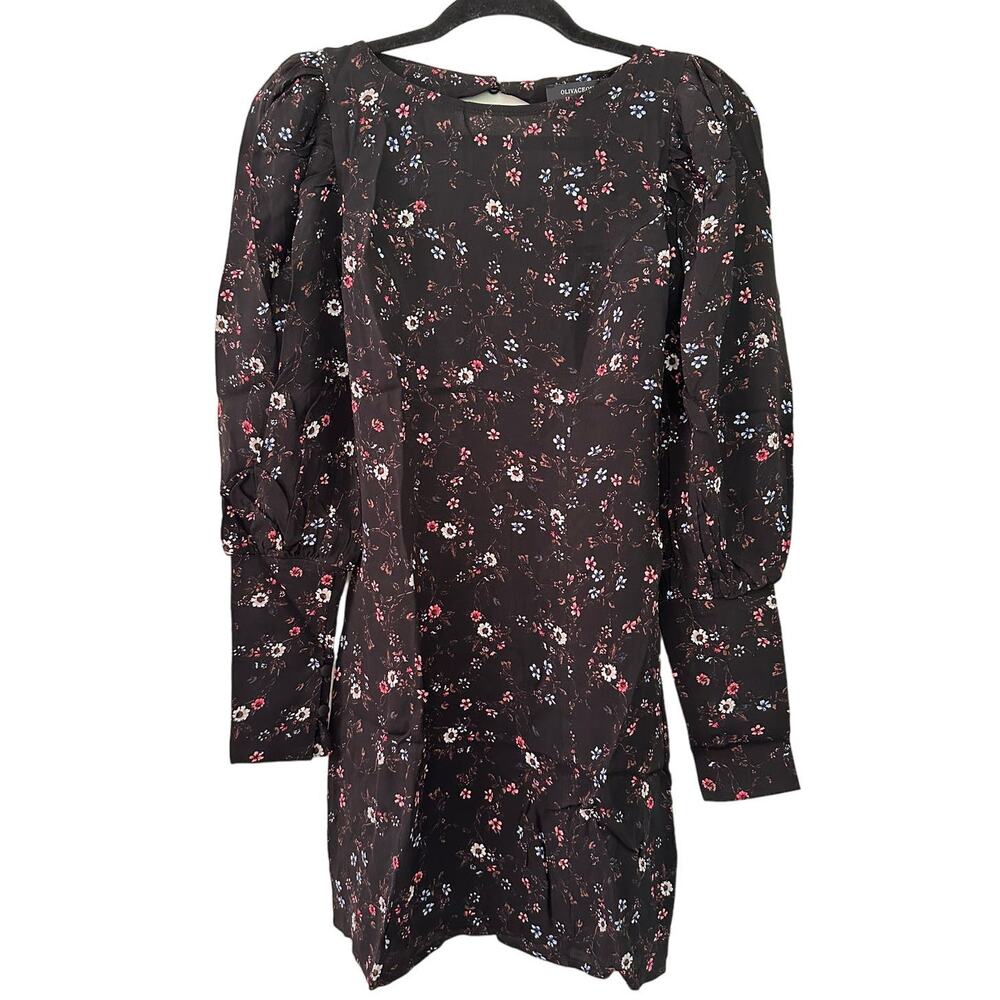 OLIVACEOUS Backless Dress w/ Keyhole Back Button Sleeve Floral Black Sz S NWT